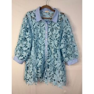 POL Crochet Lace Button Down Shirt Womens Medium Blue Good Oversized SMT2133